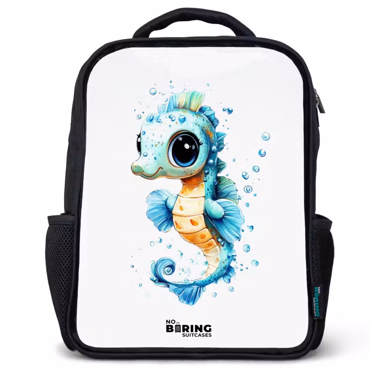 Kids backpack - Black - Blue seahorse with big eyes and bubbles — 1
