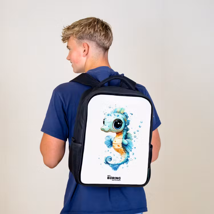 Kids backpack - Black - Blue seahorse with big eyes and bubbles — 5