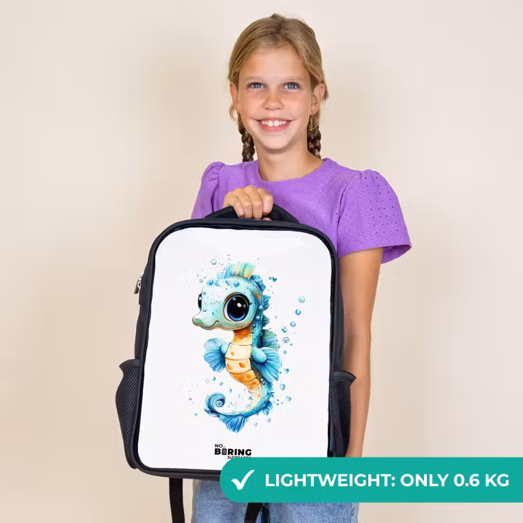 Kids backpack - Black - Blue seahorse with big eyes and bubbles — 9