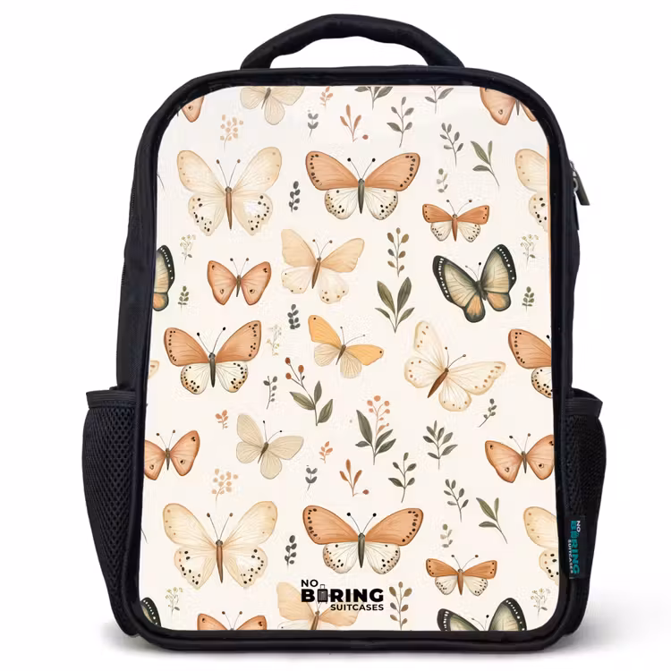 Kids backpack - Black - Butterflies in beige and orange tones among green leaves — 1