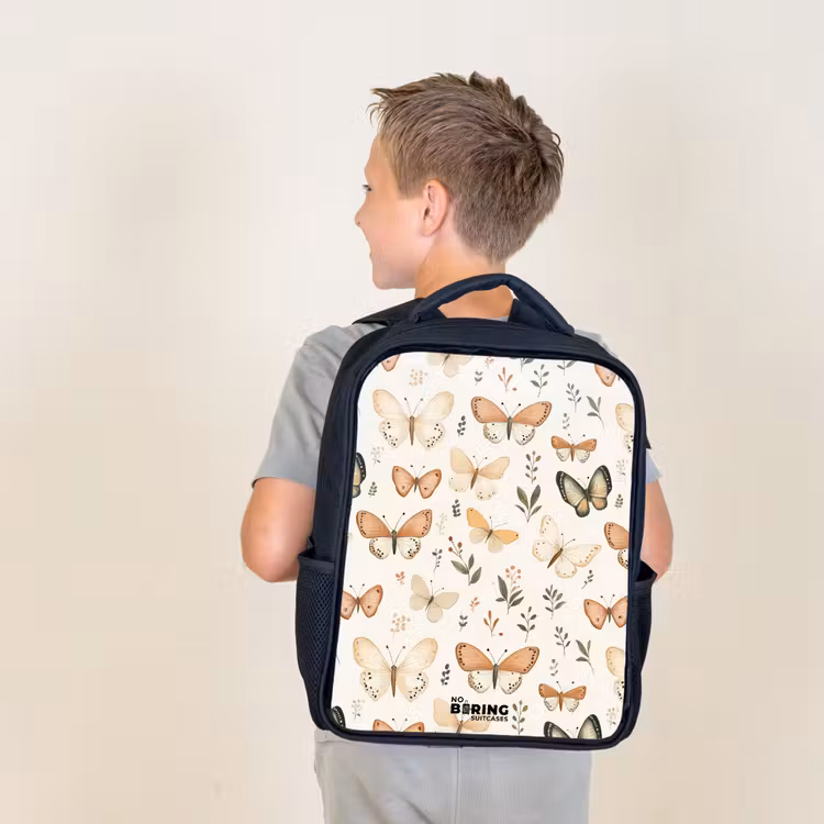 Kids backpack - Black - Butterflies in beige and orange tones among green leaves — 2