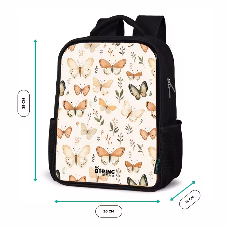 Kids backpack - Black - Butterflies in beige and orange tones among green leaves — 8