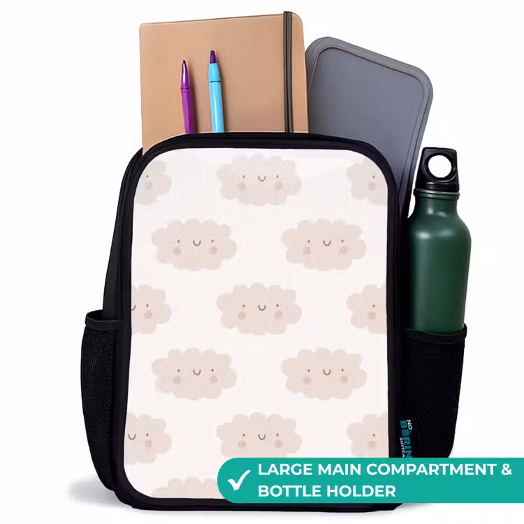 Kids backpack - Black - Cheerful clouds with faces on cream background — 10