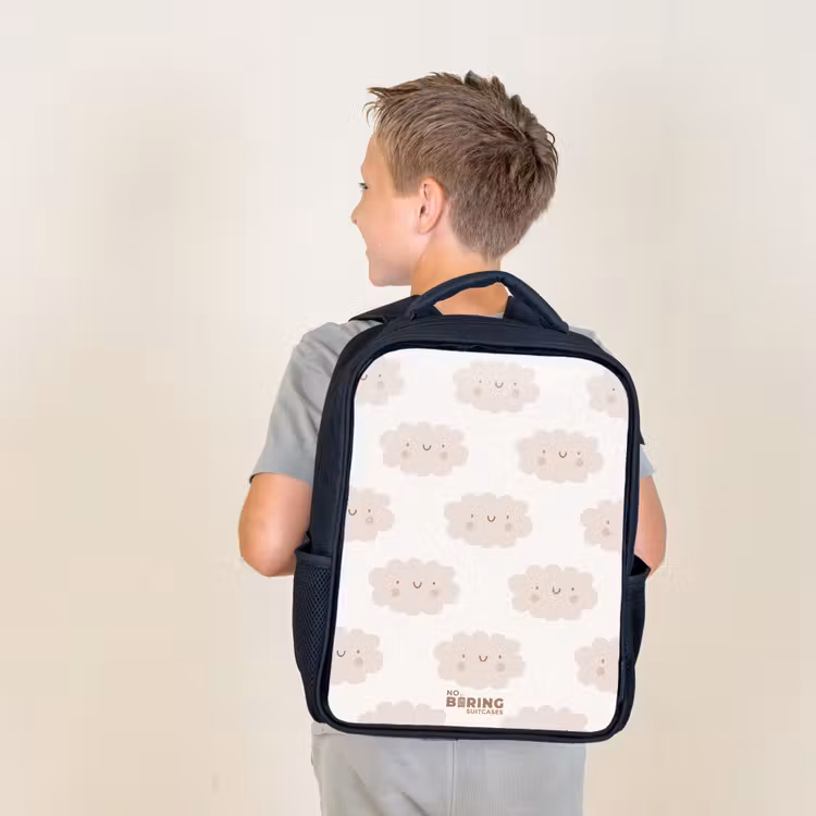 Kids backpack - Black - Cheerful clouds with faces on cream background — 2