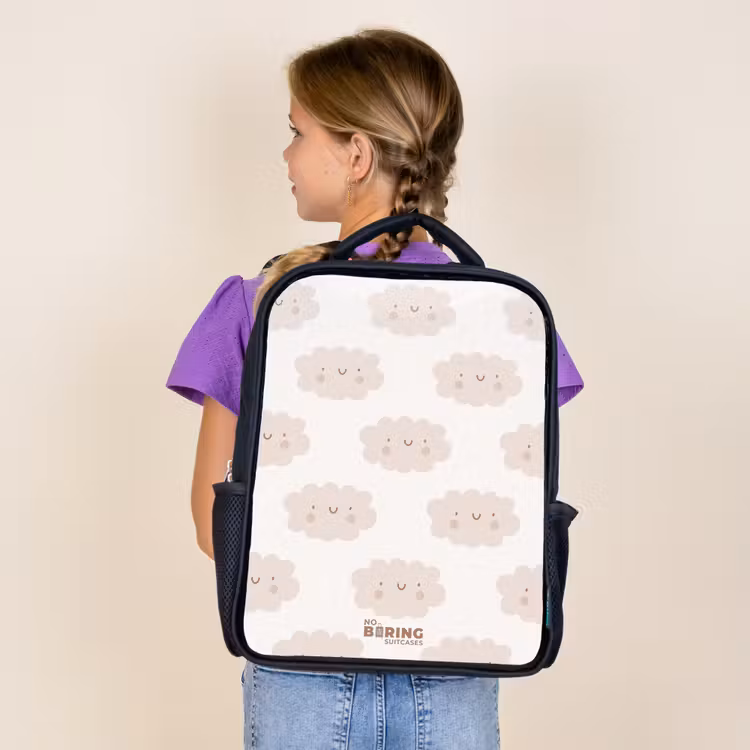Kids backpack - Black - Cheerful clouds with faces on cream background — 4