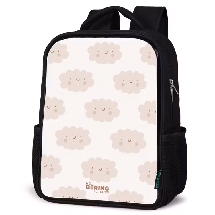 Kids backpack - Black - Cheerful clouds with faces on cream background — 6