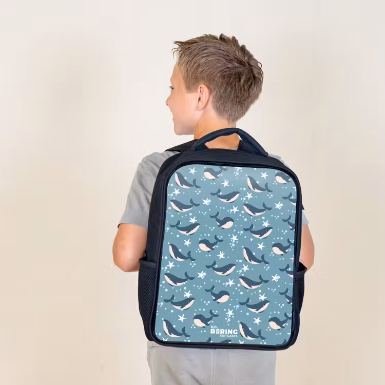 Kids backpack - Black - Dark blue whale pattern with starfish — 2