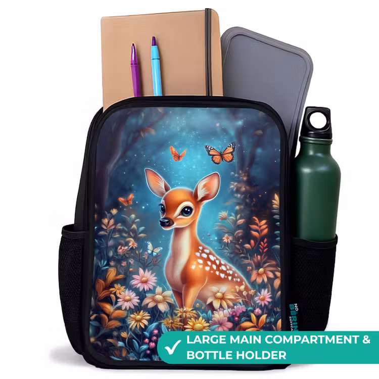 Kids backpack - Black - Deer among flowers in enchanted forest — 10