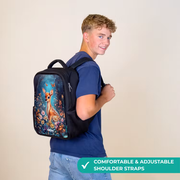 Kids backpack - Black - Deer among flowers in enchanted forest — 11