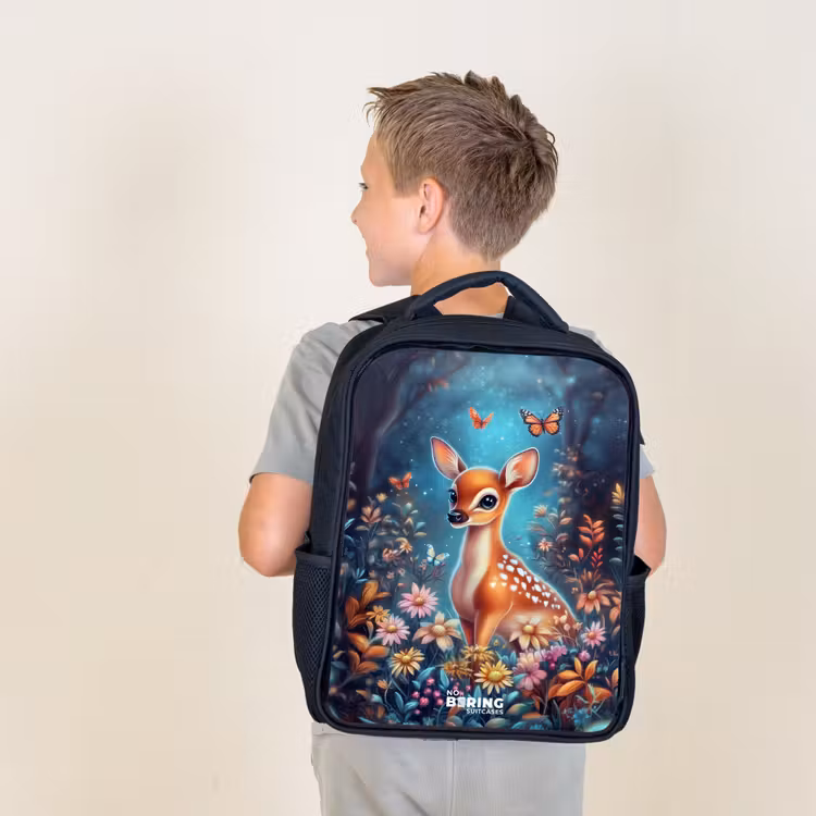 Kids backpack - Black - Deer among flowers in enchanted forest — 2
