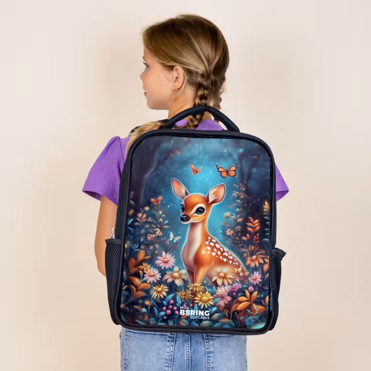 Kids backpack - Black - Deer among flowers in enchanted forest — 4