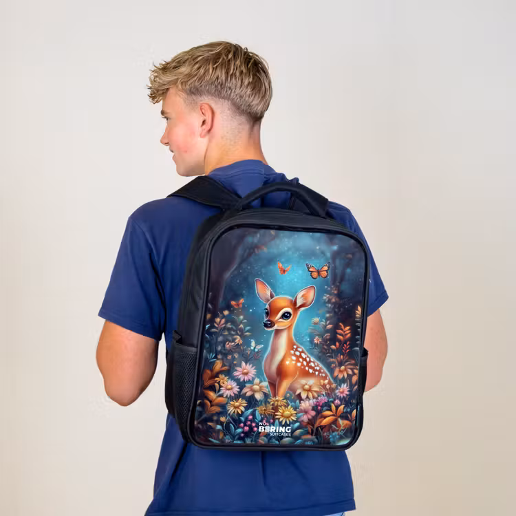 Kids backpack - Black - Deer among flowers in enchanted forest — 5