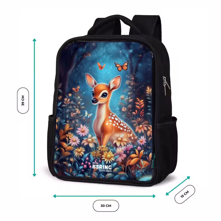 Kids backpack - Black - Deer among flowers in enchanted forest — 8