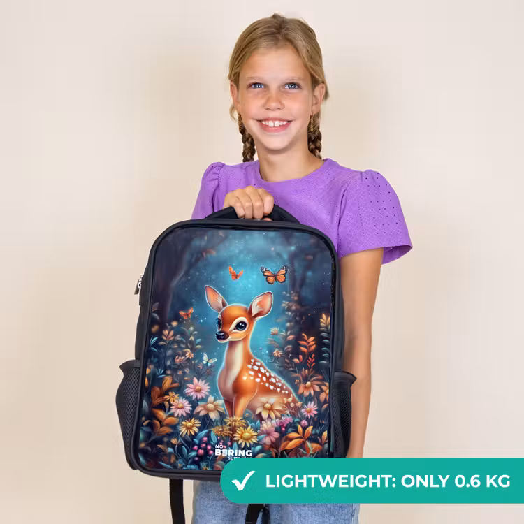 Kids backpack - Black - Deer among flowers in enchanted forest — 9
