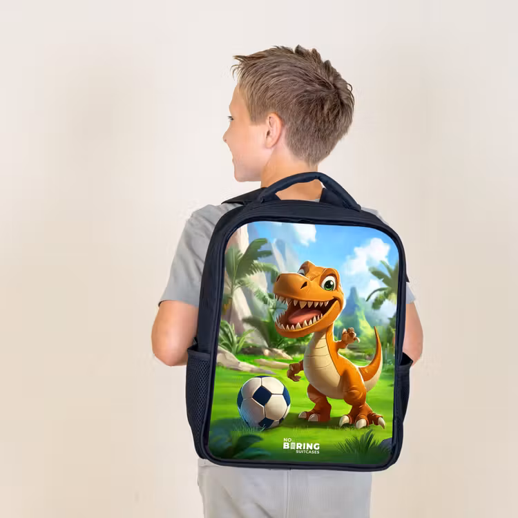 Kids backpack - Black - Dino with a soccer in green landscape — 2