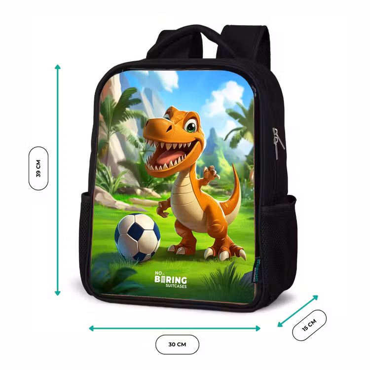 Kids backpack - Black - Dino with a soccer in green landscape — 8