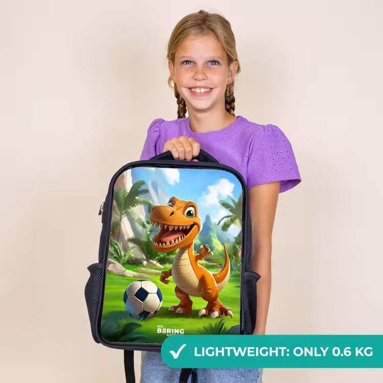 Kids backpack - Black - Dino with a soccer in green landscape — 9