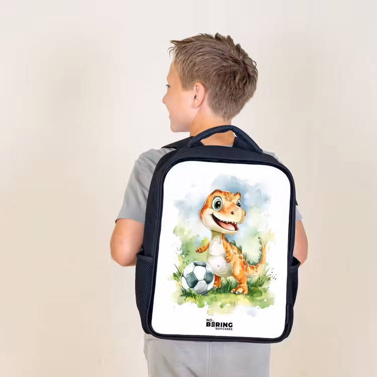 Kids backpack - Black - Dino with soccer in colorful field — 2