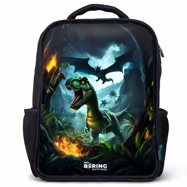 Kids backpack - Black - Dinosaur and dragon in fiery jungle valley — 1