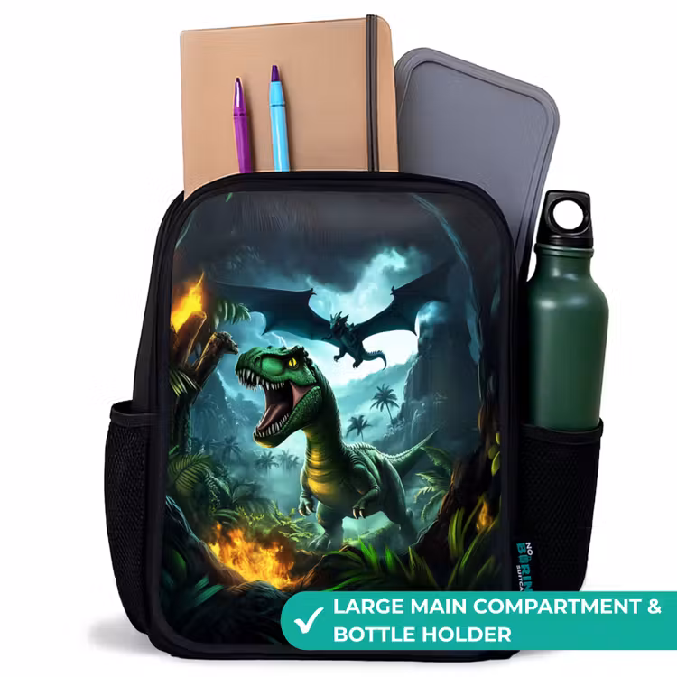 Kids backpack - Black - Dinosaur and dragon in fiery jungle valley — 10