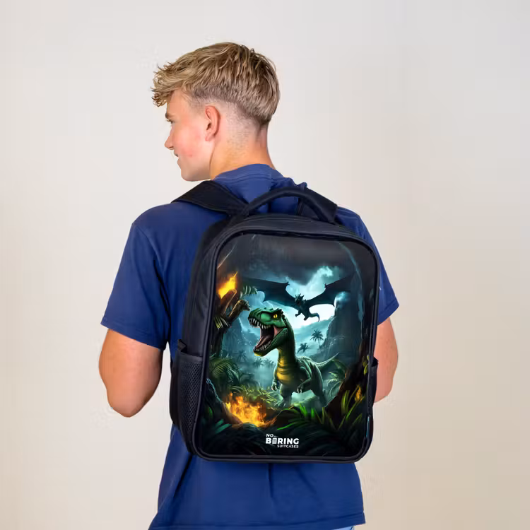 Kids backpack - Black - Dinosaur and dragon in fiery jungle valley — 5