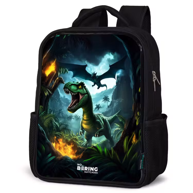 Kids backpack - Black - Dinosaur and dragon in fiery jungle valley — 6