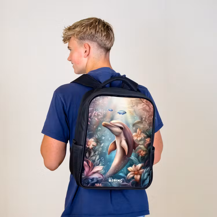 Kids backpack - Black - Dolphin and fish in underwater flower world — 5