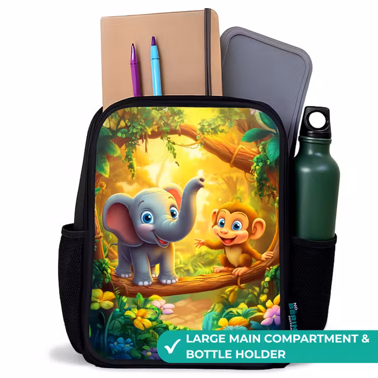Kids backpack - Black - Elephant and monkey in colorful jungle — 10