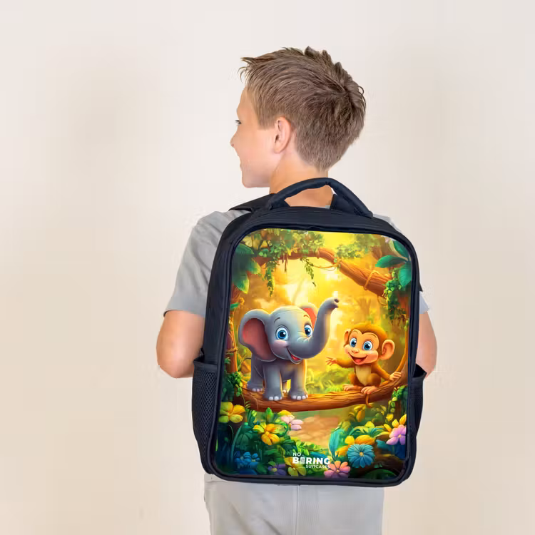 Kids backpack - Black - Elephant and monkey in colorful jungle — 2