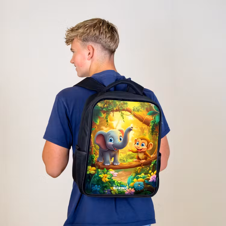 Kids backpack - Black - Elephant and monkey in colorful jungle — 5