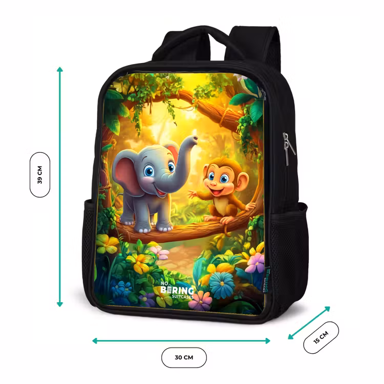 Kids backpack - Black - Elephant and monkey in colorful jungle — 8