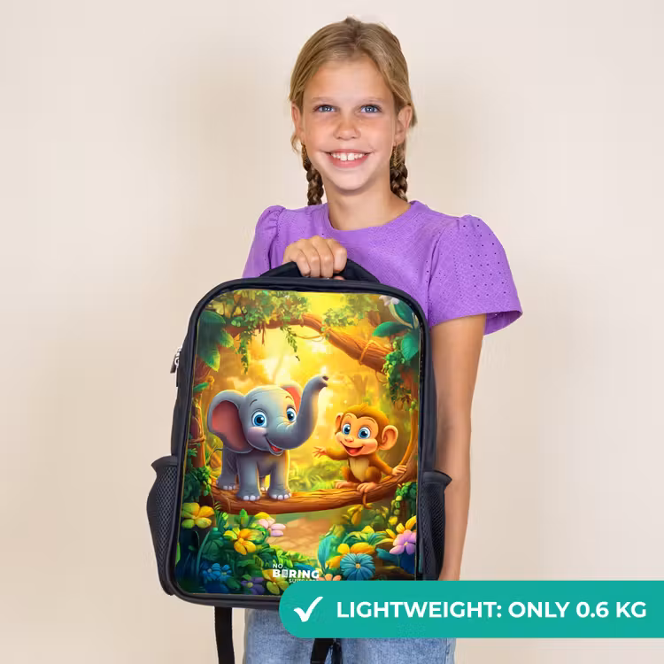 Kids backpack - Black - Elephant and monkey in colorful jungle — 9