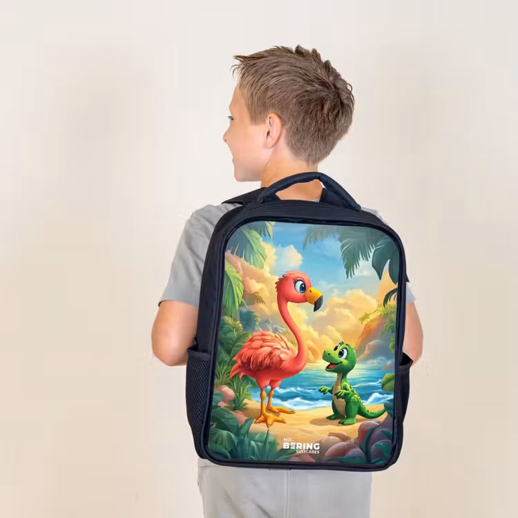 Kids backpack - Black - Flamingo and dinosaur on beach at sunset — 2