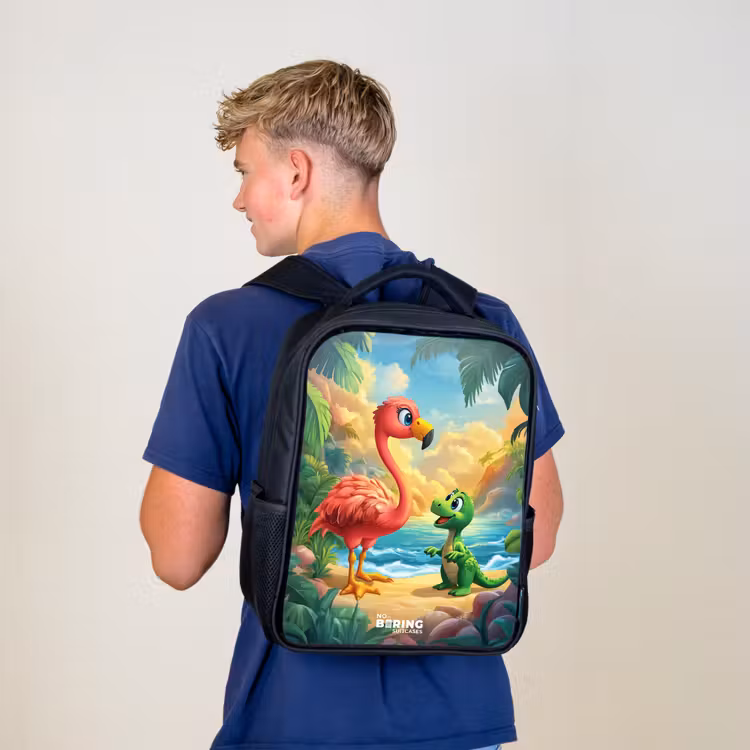 Kids backpack - Black - Flamingo and dinosaur on beach at sunset — 5