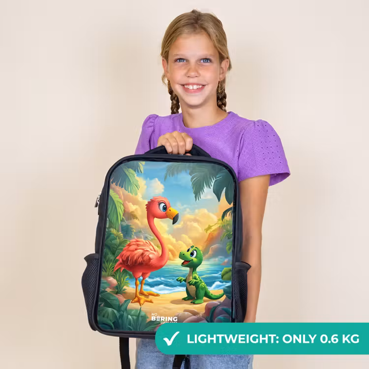 Kids backpack - Black - Flamingo and dinosaur on beach at sunset — 9