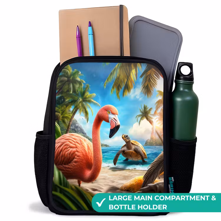 Kids backpack - Black - Flamingo and turtle on tropical beach — 10
