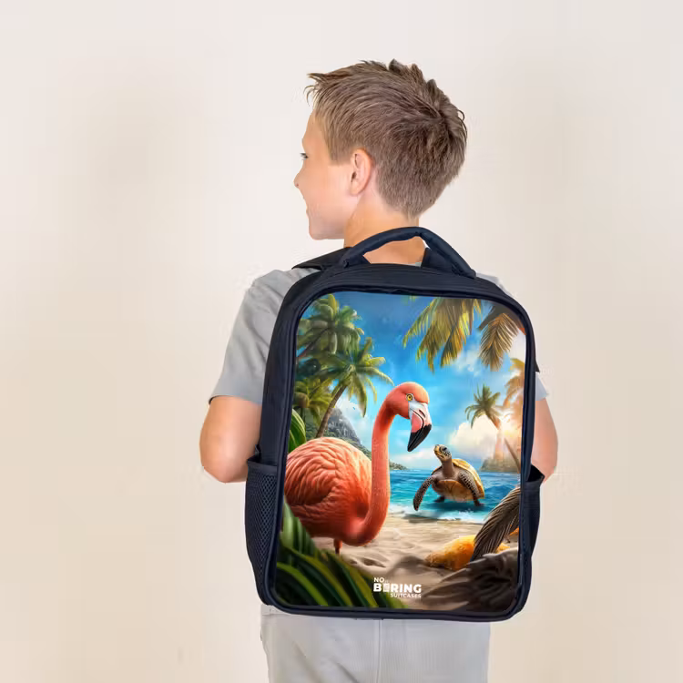 Kids backpack - Black - Flamingo and turtle on tropical beach — 2