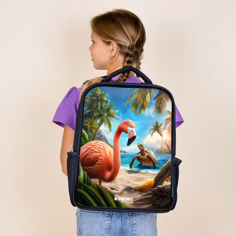 Kids backpack - Black - Flamingo and turtle on tropical beach — 4