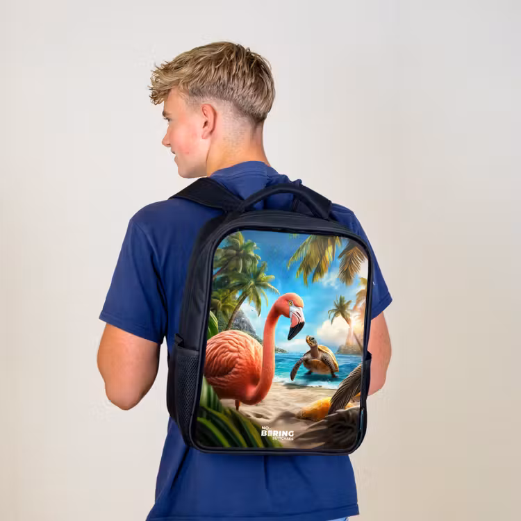 Kids backpack - Black - Flamingo and turtle on tropical beach — 5