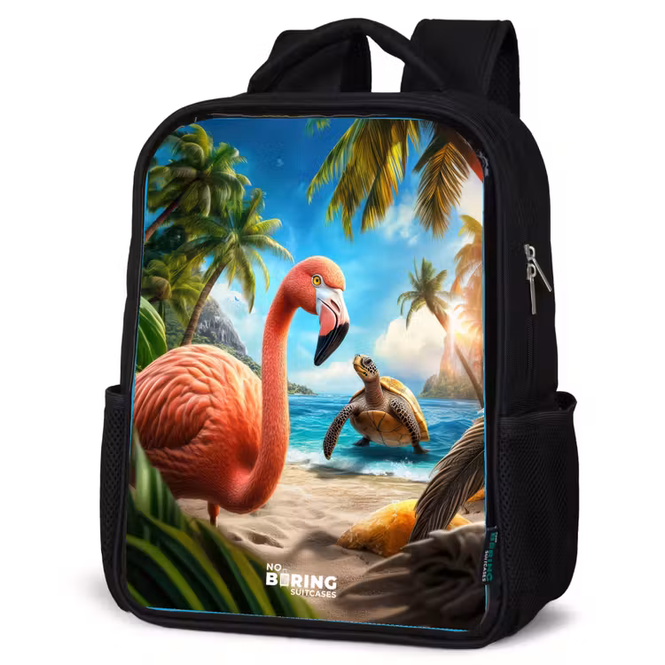 Kids backpack - Black - Flamingo and turtle on tropical beach — 6