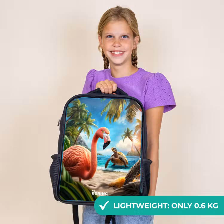 Kids backpack - Black - Flamingo and turtle on tropical beach — 9