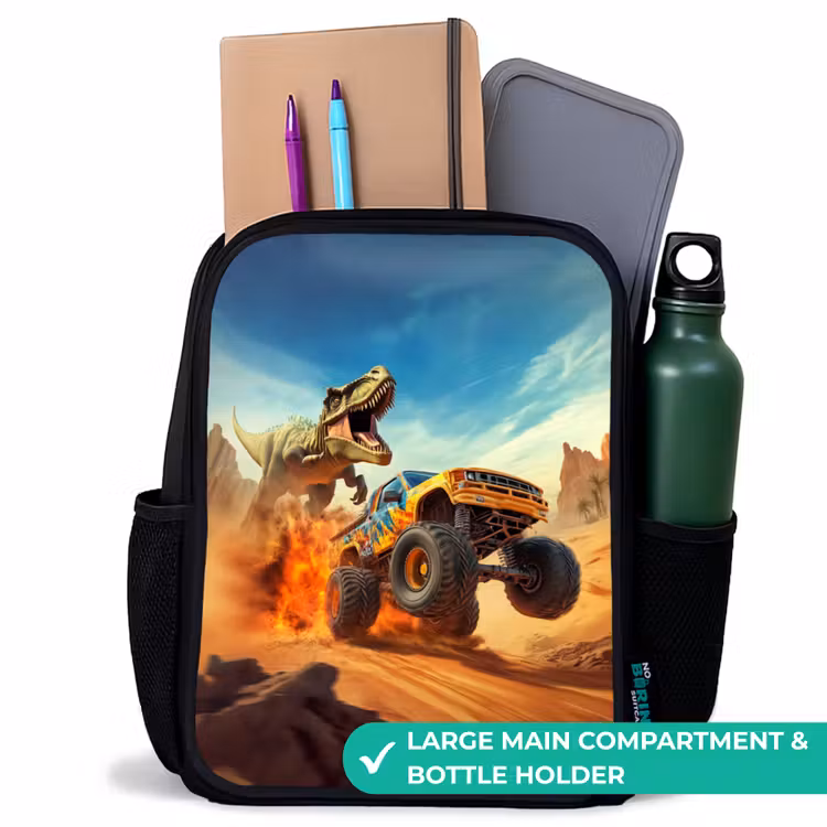 Kids backpack - Black - Fleeing truck for T-Rex in fiery desert — 10