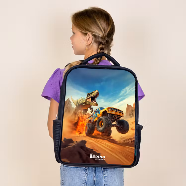 Kids backpack - Black - Fleeing truck for T-Rex in fiery desert — 4