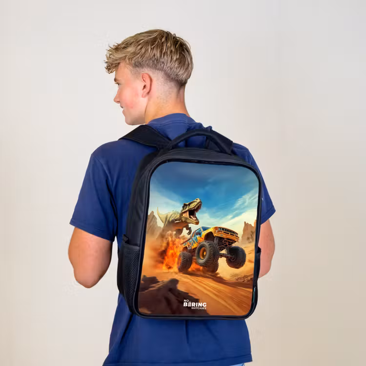 Kids backpack - Black - Fleeing truck for T-Rex in fiery desert — 5