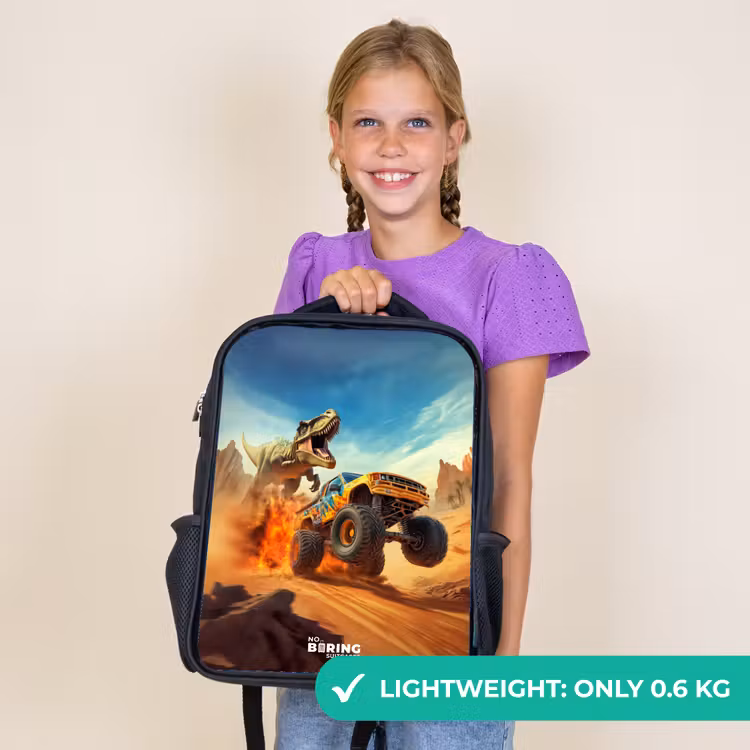 Kids backpack - Black - Fleeing truck for T-Rex in fiery desert — 9