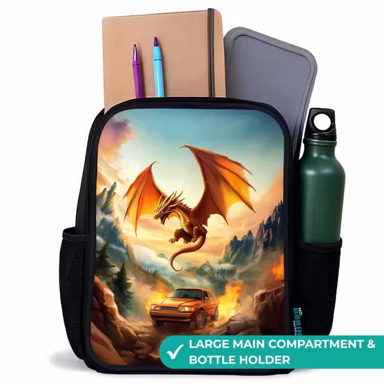 Kids backpack - Black - Flying dragon over fiery mountain road — 10