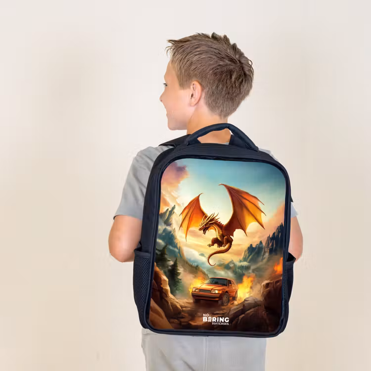 Kids backpack - Black - Flying dragon over fiery mountain road — 2
