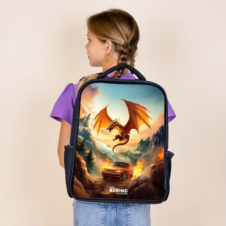 Kids backpack - Black - Flying dragon over fiery mountain road — 4