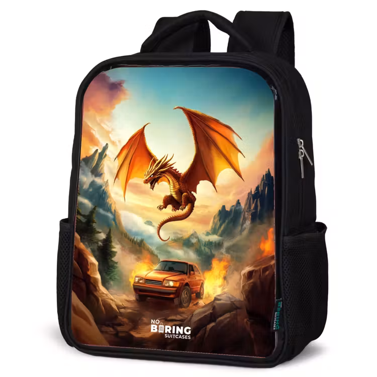 Kids backpack - Black - Flying dragon over fiery mountain road — 6