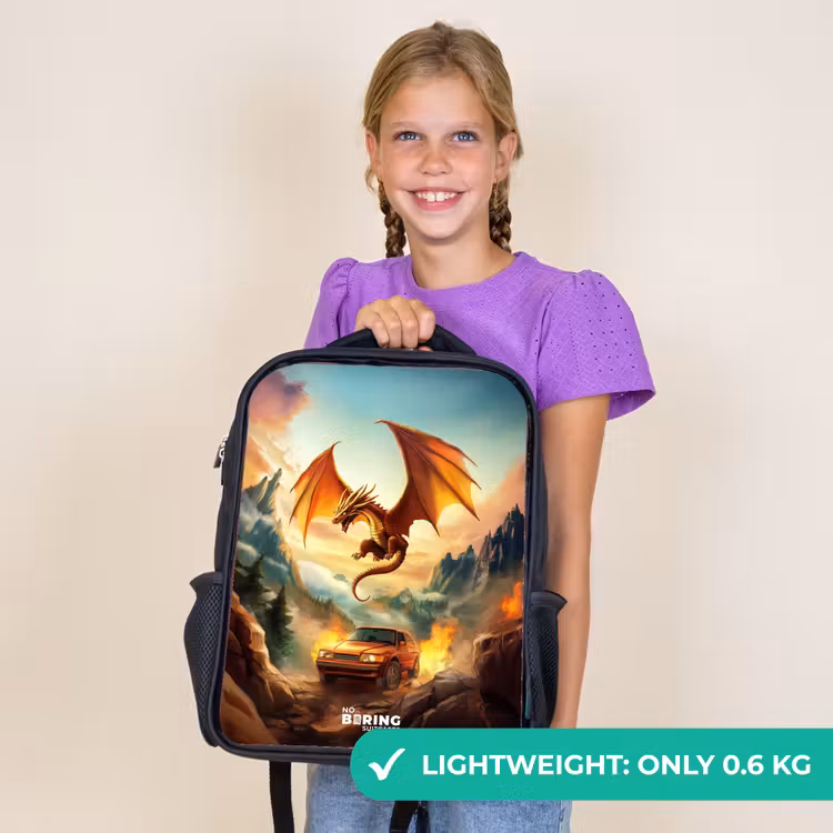 Kids backpack - Black - Flying dragon over fiery mountain road — 9